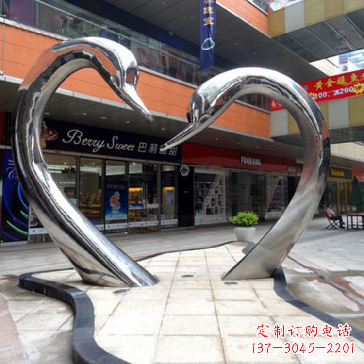 海南不锈钢爱心天鹅情侣雕塑-大型户外广场抽象动物景观摆件心型天鹅头雕塑