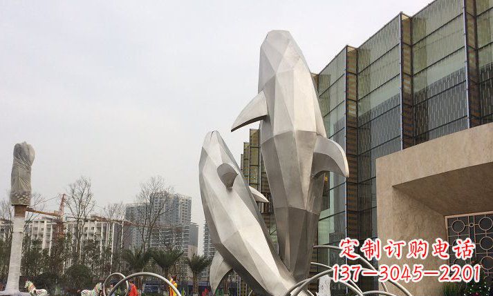 海南不锈钢海豚喷泉雕塑精美的海洋之美