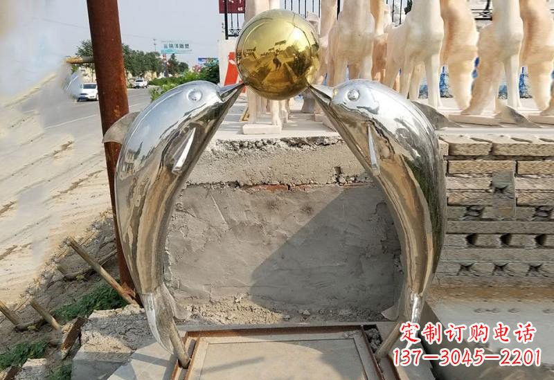 海南不锈钢海豚顶球雕塑