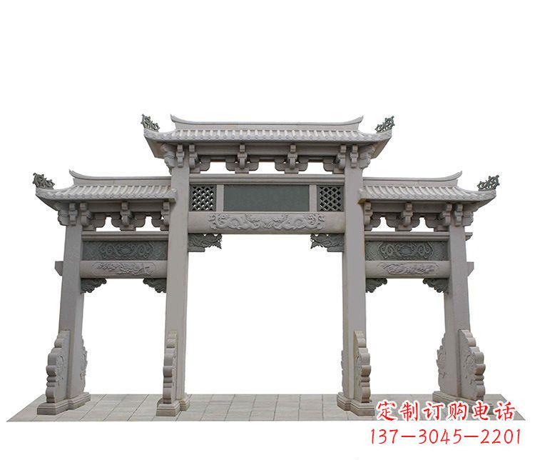 海南精美仿古三门牌坊石雕
