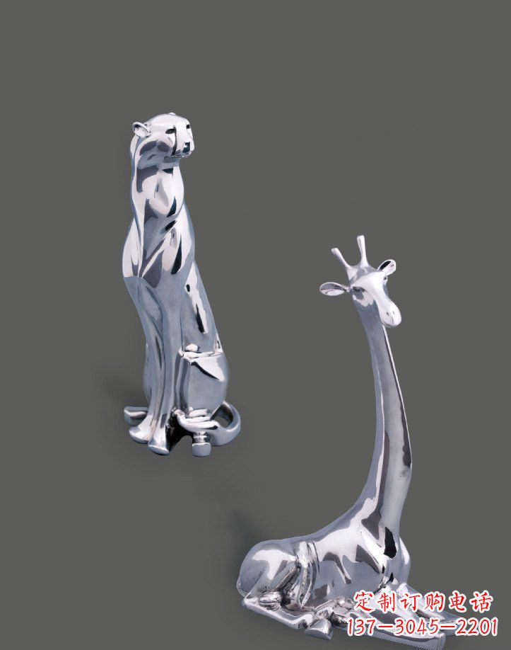 海南公园不锈钢豹子长颈鹿动物雕塑