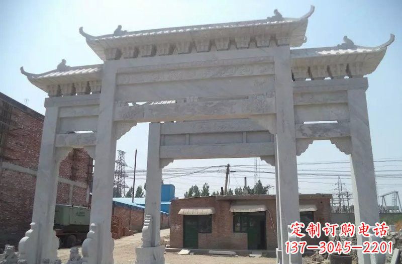 海南公园汉白玉三门牌坊石雕