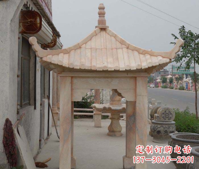 海南精美红六角石凉亭雕塑