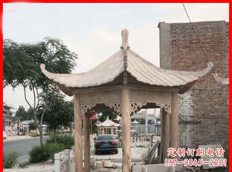 海南公园晚霞红六角石凉亭雕塑