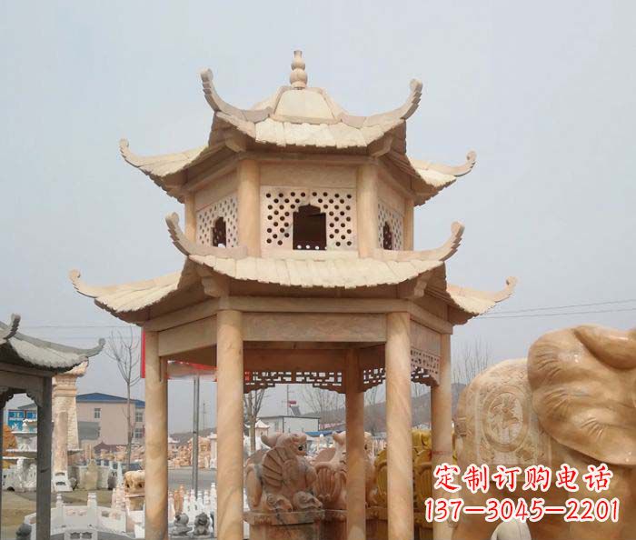 海南红双层六角石凉亭雕塑