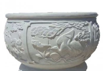 海南汉白玉松鹤延年浮雕水缸，带给您无尽的岁月美景