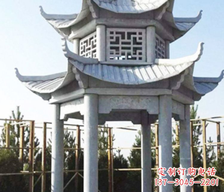 海南双层仿古石凉亭石雕_2