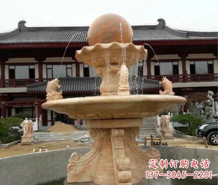 海南双层风水球喷泉晚霞红石雕