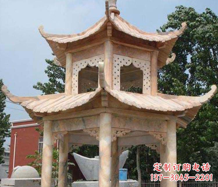海南双层晚霞红凉亭石雕