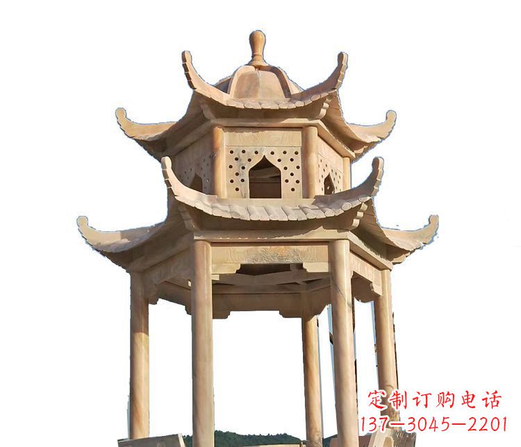 海南双层晚霞红凉亭石雕 (2)