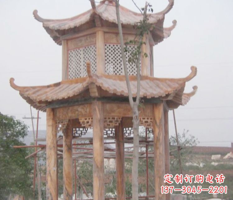 海南双层晚霞红石凉亭石雕 (2)