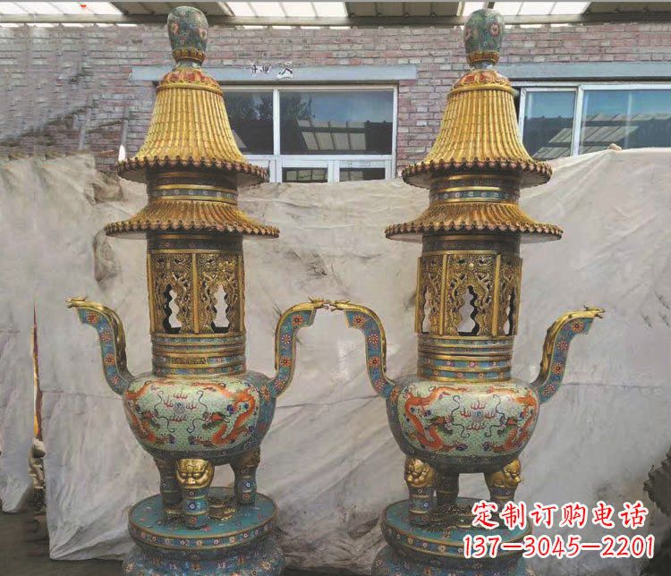 海南铜雕景泰蓝香炉雕塑摆件