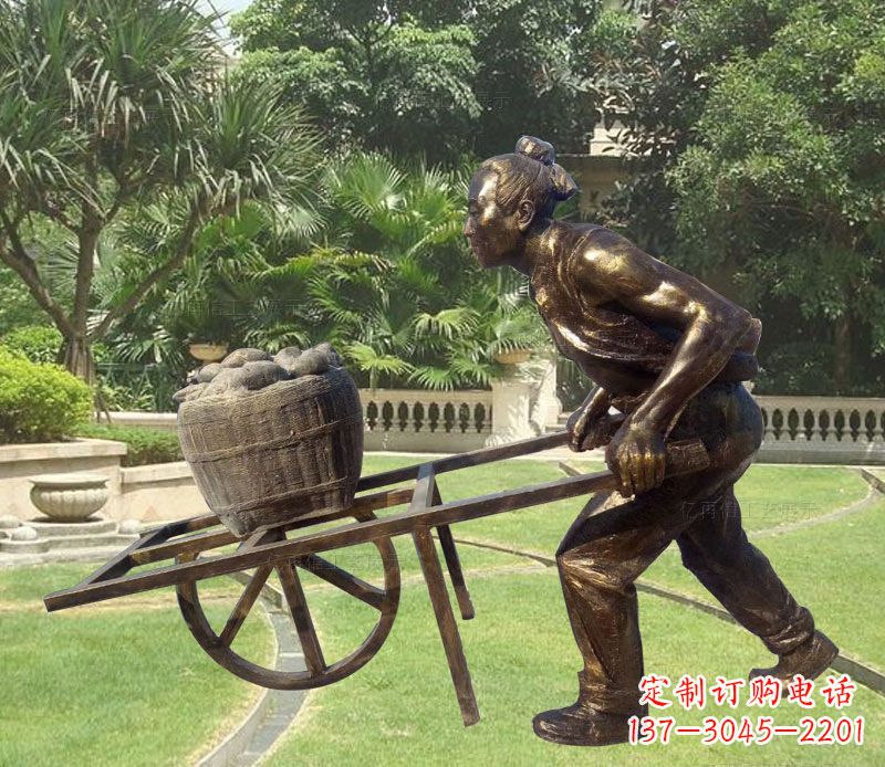 海南推独轮车的古人铜雕