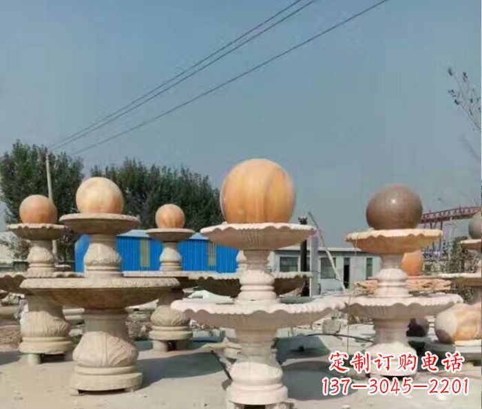 海南晚霞红多层风水球喷泉石雕