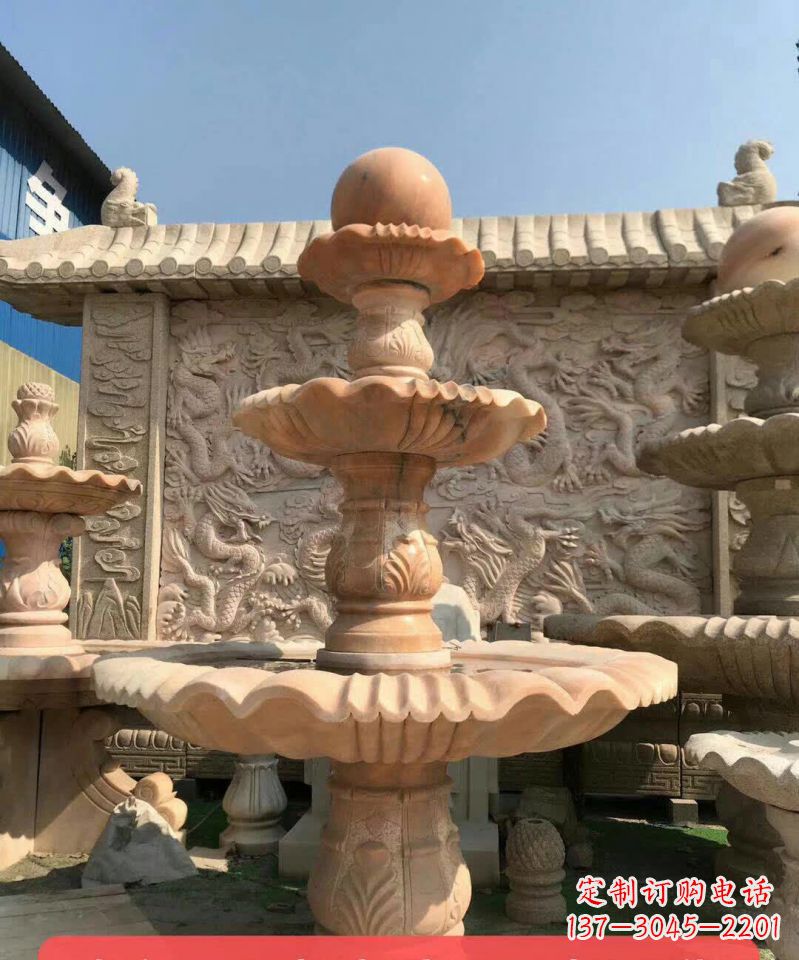 海南晚霞红风水球石雕喷泉