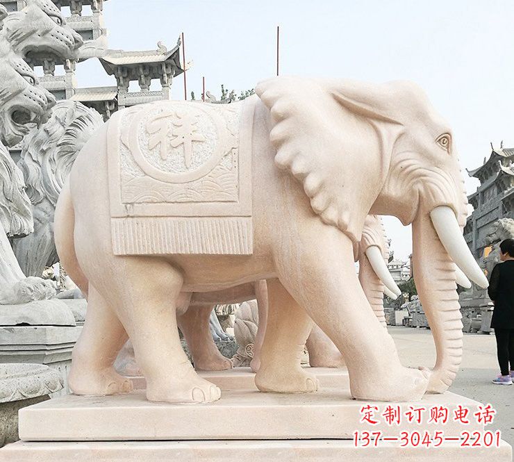海南晚霞红吉祥如意大象石雕