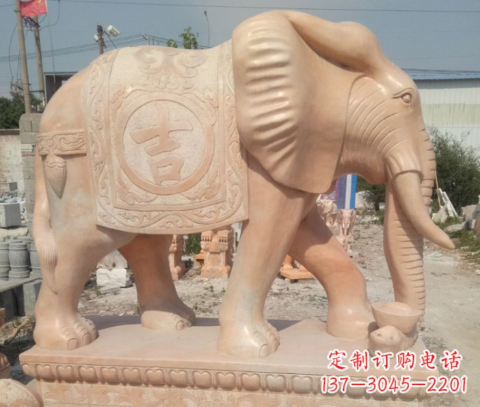 海南晚霞红吉祥如意门口大象石雕 (2)
