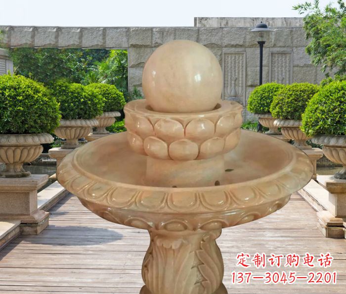 海南晚霞红双层风水球公园喷泉石雕 (2)
