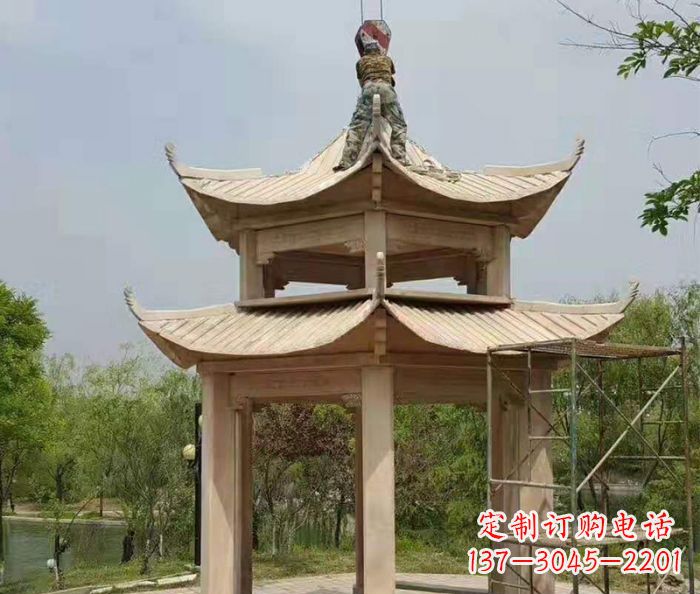 海南晚霞红双层凉亭石雕 (2)