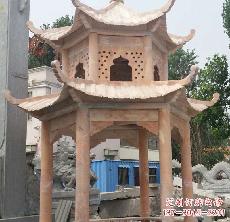 海南晚霞红双层六角凉亭石雕 (2)