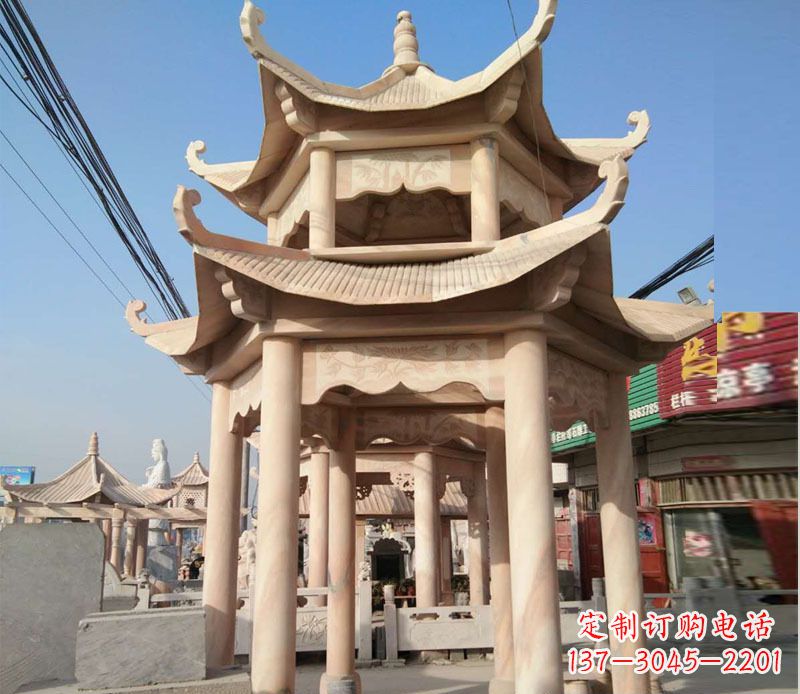 海南晚霞红双层六角凉亭石雕 (3)