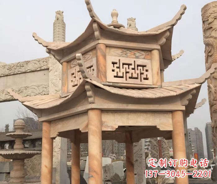海南晚霞红双层石雕凉亭