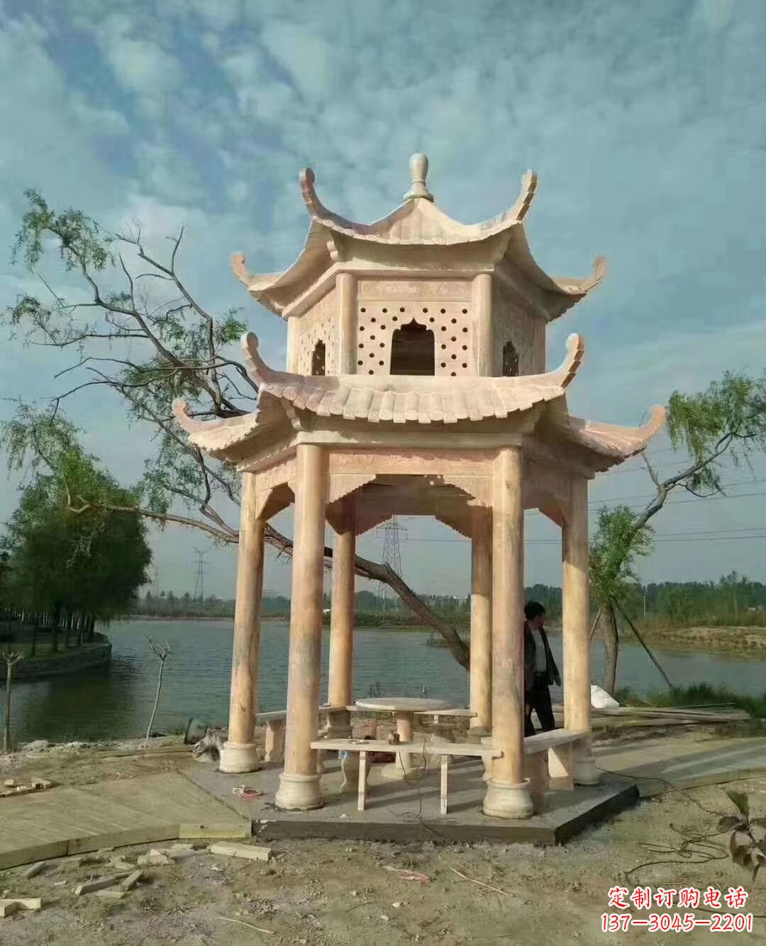 海南晚霞红双层石凉亭 (2)