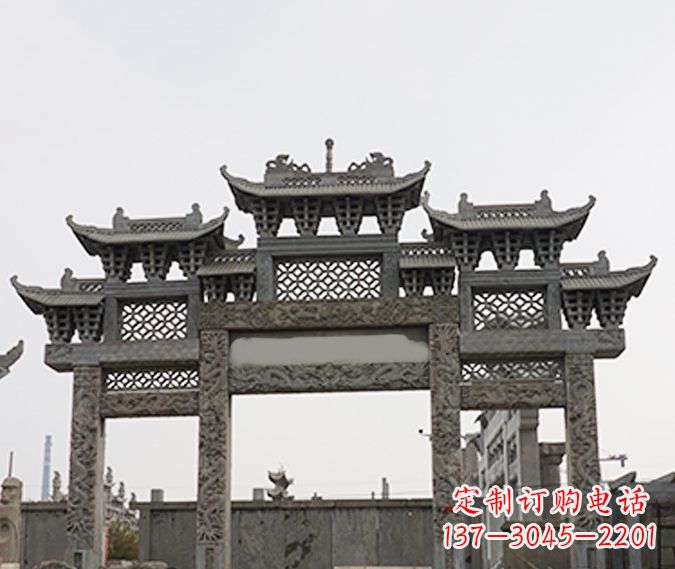 海南园林仿古三门牌坊石雕 (4)