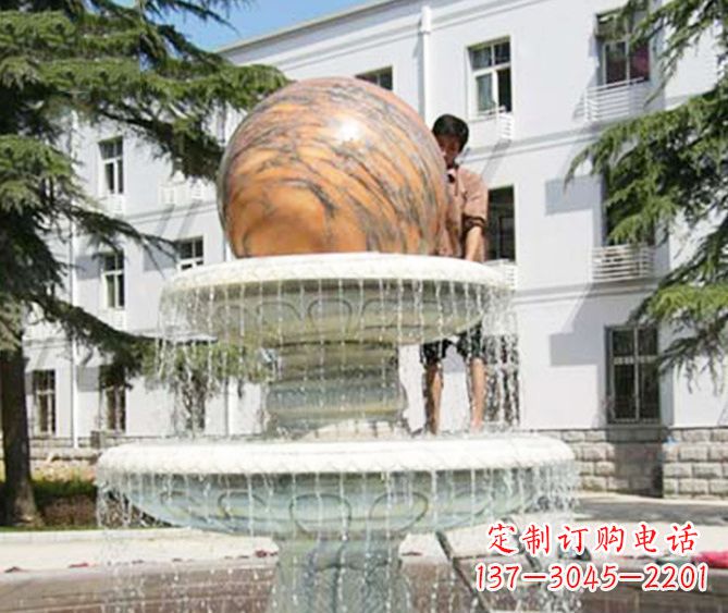 海南园林景观晚霞红风水球喷泉石雕 (2)