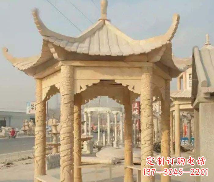 海南园林景观晚霞红六角石雕凉亭 (3)