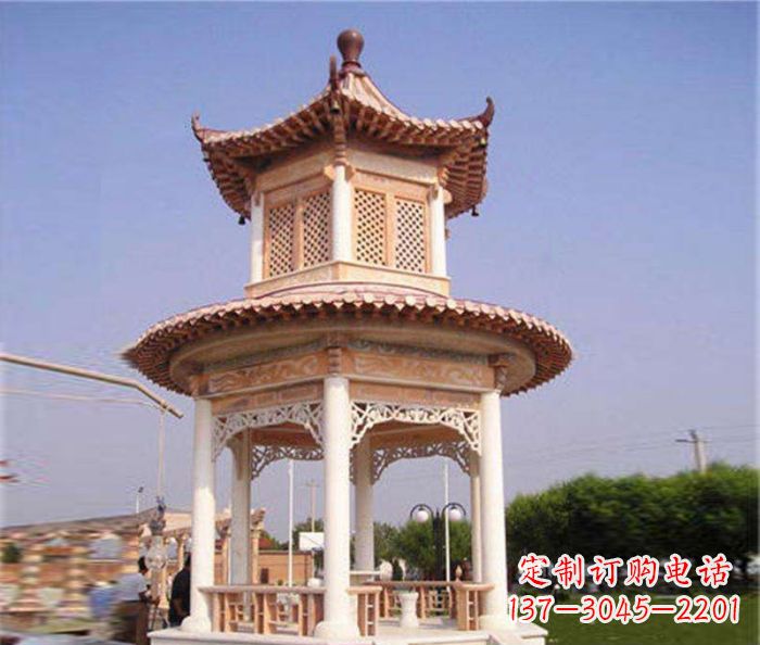 海南园林景观晚霞红双层石雕凉亭 (4)