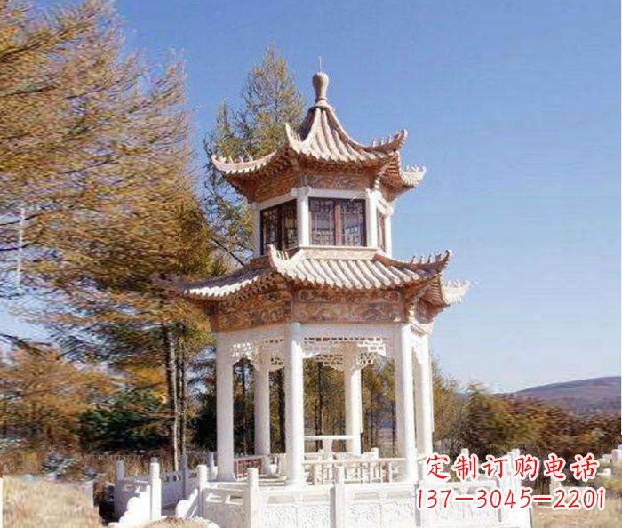 海南园林景观晚霞红双层石雕凉亭 (3)