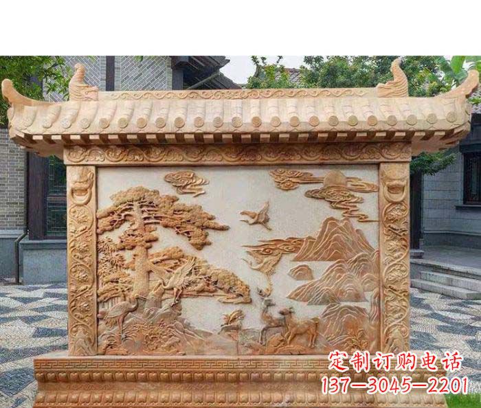 海南园林景观晚霞红松鹤石浮雕影壁