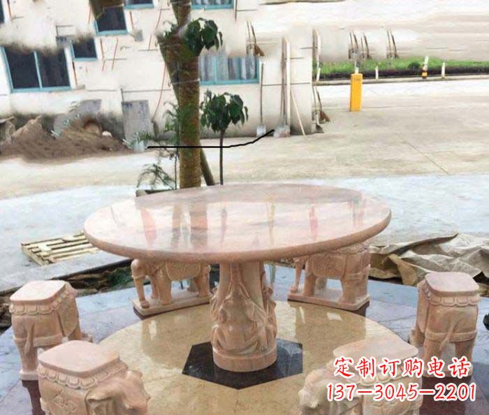 海南园林景观晚霞红小象桌凳石雕