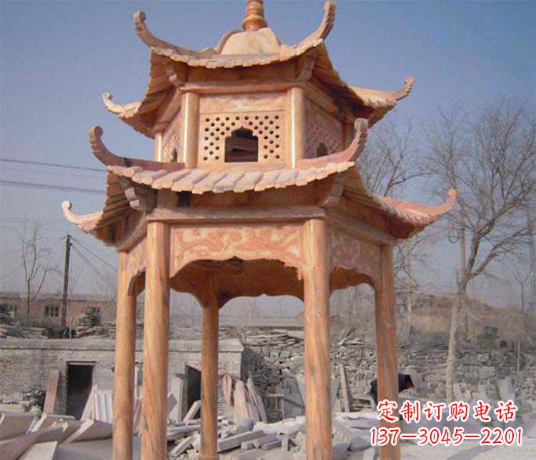 海南园林晚霞红石凉亭景观石雕