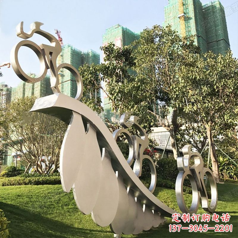 海南自行车雕塑-抽象不锈钢骑自行车人物景观雕塑